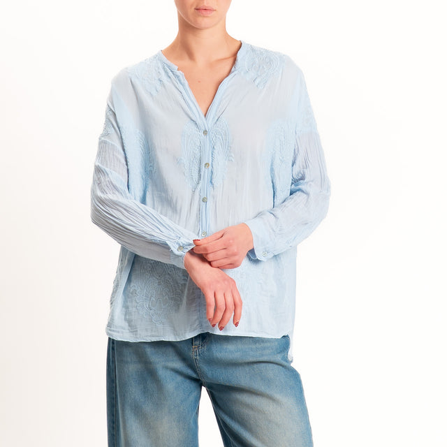 Motel-Camicia mussola misto seta con ricami - sky
