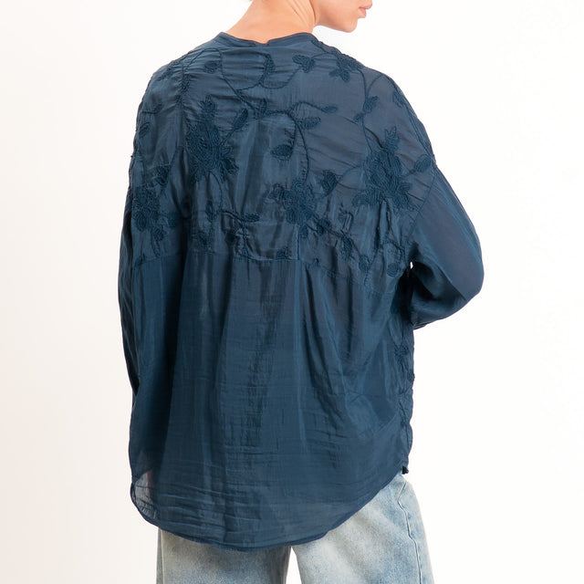 Motel-Camicia mussola misto seta con ricami - blu
