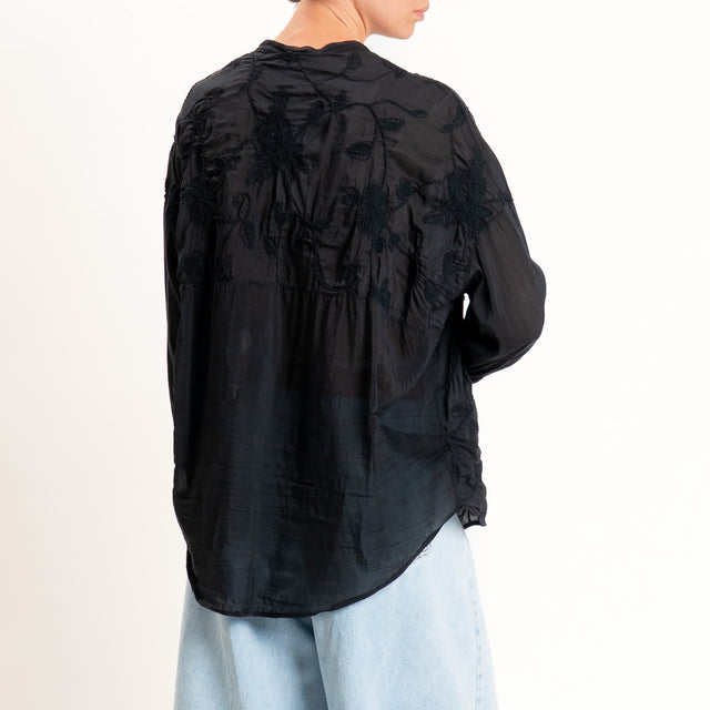 Motel-Camicia mussola misto seta con ricami - nero