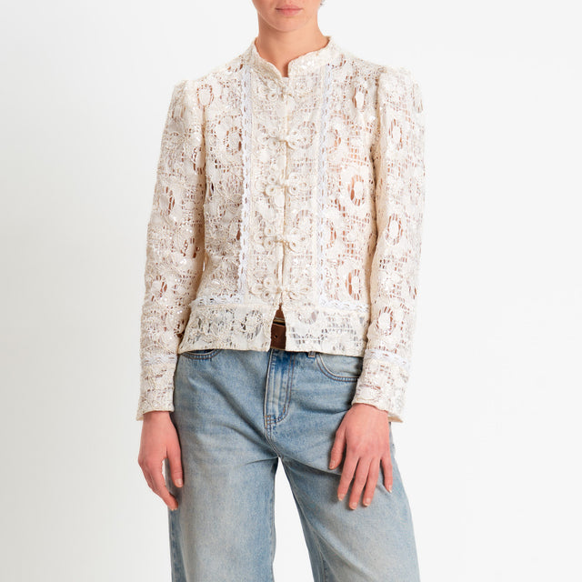 Motel-Camicia mandarin in pizzo macramè con micro pailettes - burro