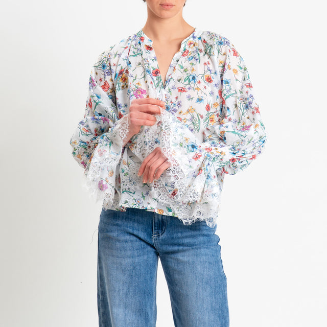 Motel-Camicia fantasia erbolario in mussola - bianco/verde/azzurro