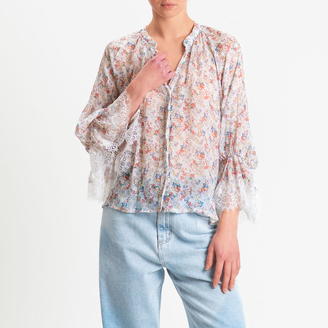 Motel-Camicia fantasia provenzale georgette - latte/blush/verde