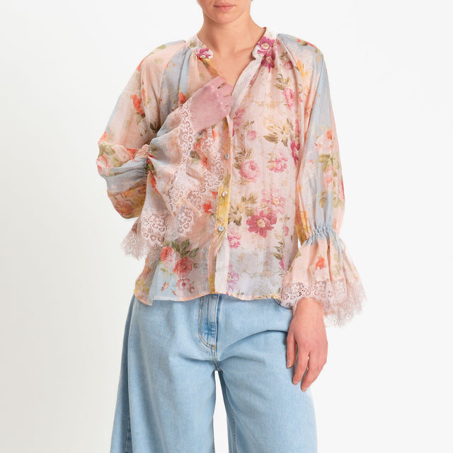 Motel-Camicia mussola lyocell fantasia fiori - pink/sky/yellow