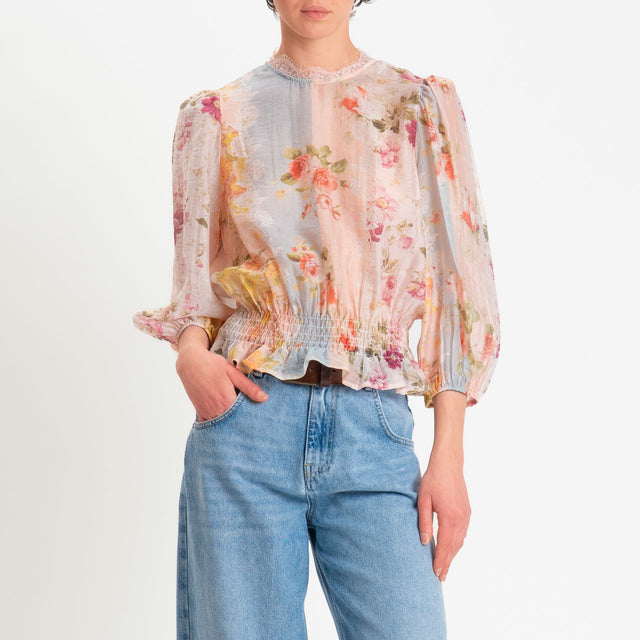 Motel-Blusa mussola lyocell fantasia fiori - pink/sky/yellow