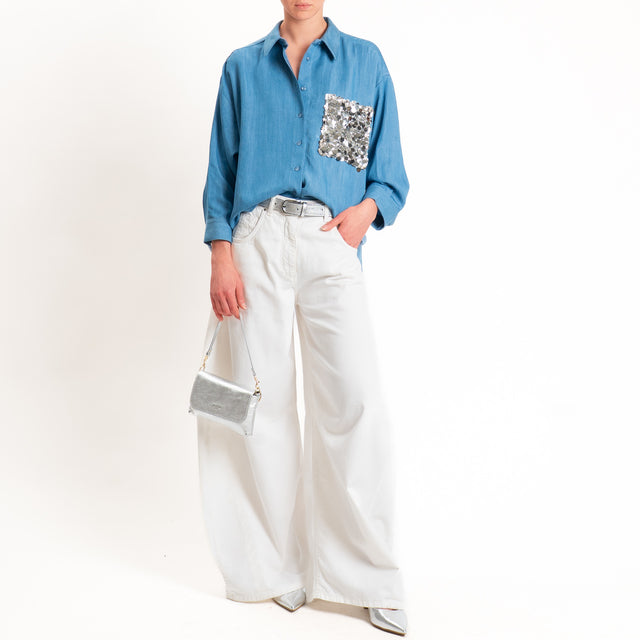 Motel-Camicia chambray con taschino maxi paillettes - denim