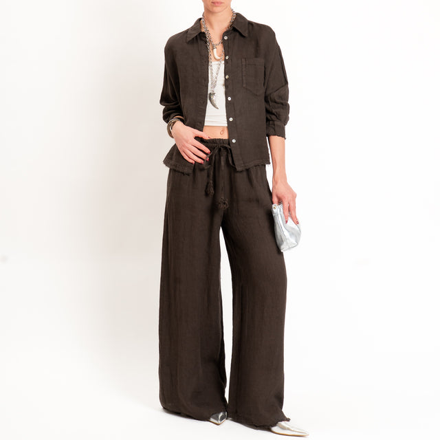 Motel-Camicia 100% lino bordi sfrangiati - choco