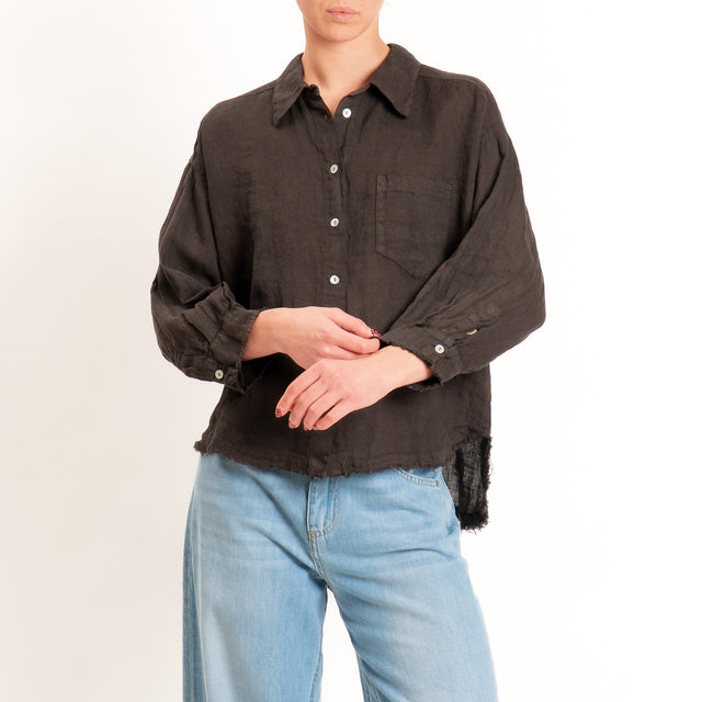 Motel-Camicia 100% lino bordi sfrangiati - choco