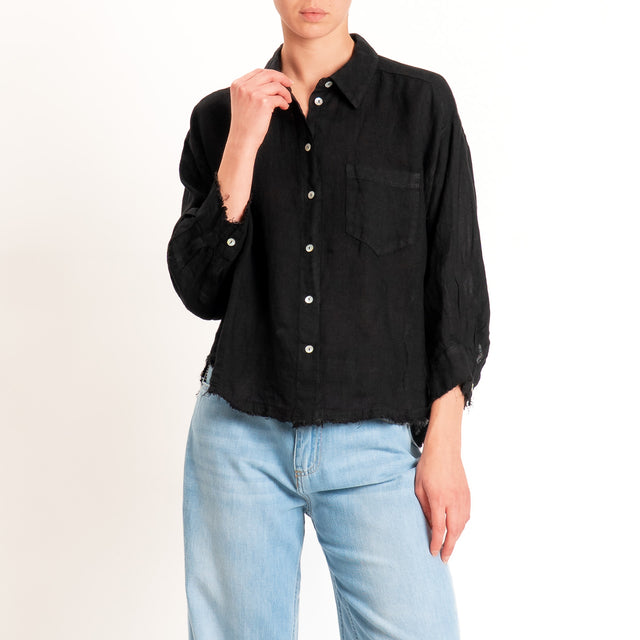 Motel-Camicia 100% lino bordi sfrangiati - nero