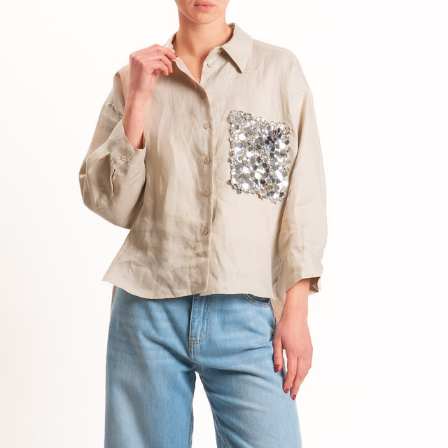 Motel-Camicia 100% lino tasca paillettes - beige