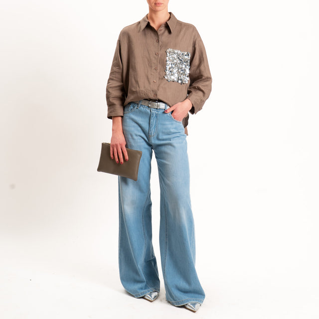 Motel-Camicia 100% lino tasca paillettes - moka