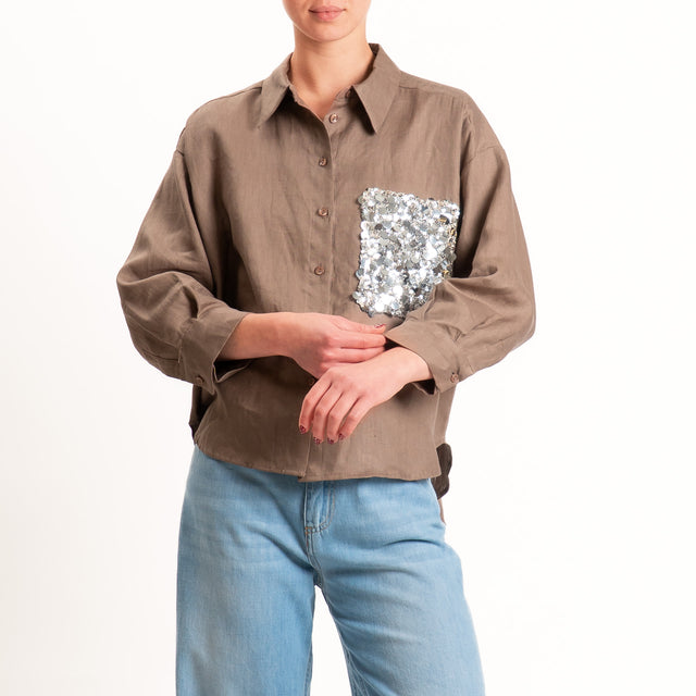 Motel-Camicia 100% lino tasca paillettes - moka