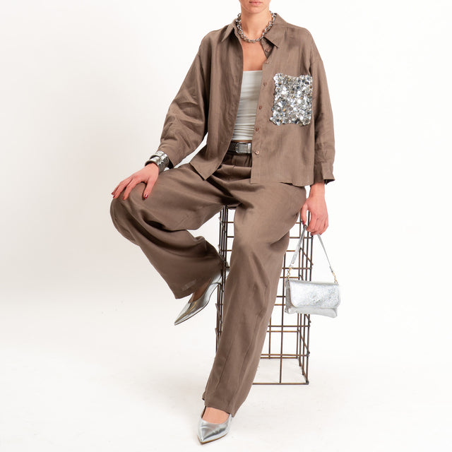 Motel-Camicia 100% lino tasca paillettes - moka