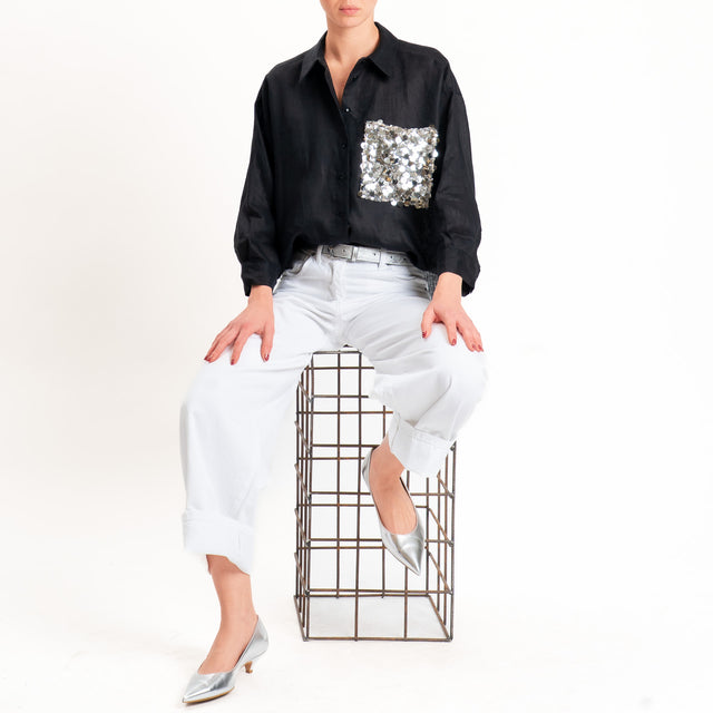 Motel-Camicia 100% lino tasca paillettes - nero
