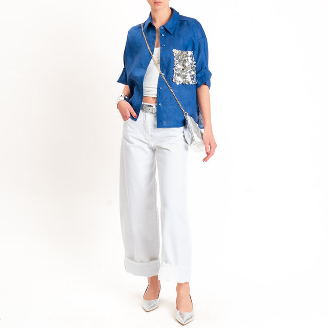 Motel-Camicia 100% lino tasca paillettes - indaco