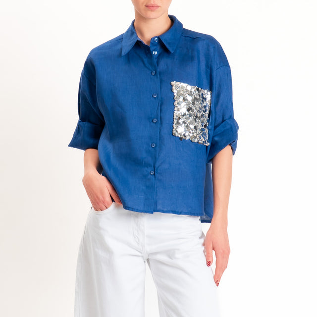 Motel-Camicia 100% lino tasca paillettes - indaco