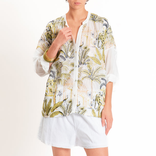 Motel-Camicia mussola fantasia palme con ricami - burro/olio/beige