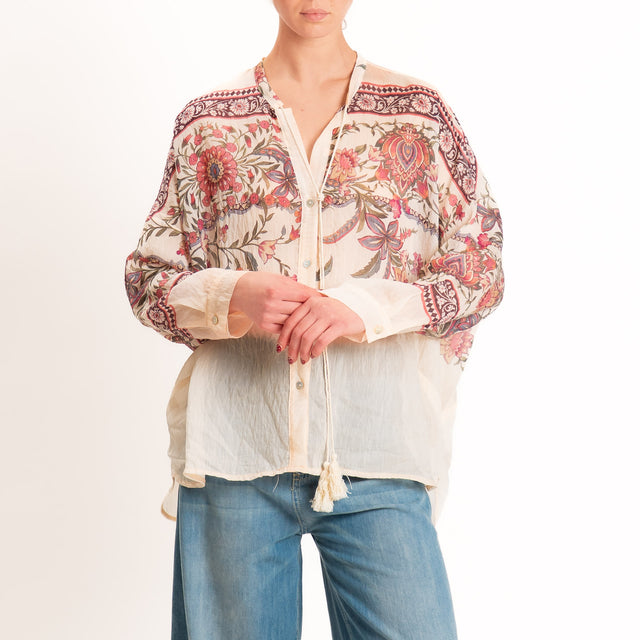 Motel-Camicia mussola floreale collo coreana - cipria/militare/burgundy
