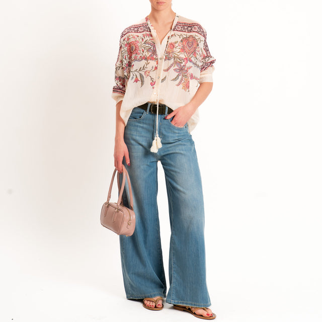 Motel-Camicia mussola floreale collo coreana - cipria/militare/burgundy