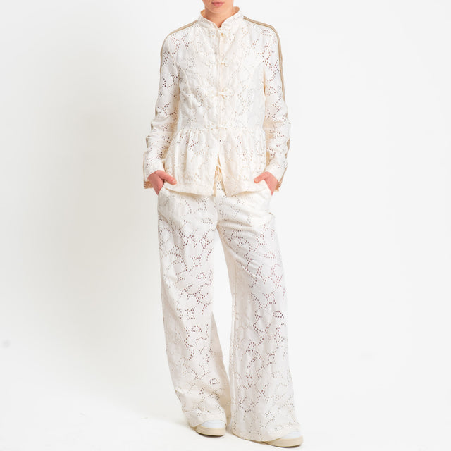 Motel-Giacca mandarin traforata bande laterali con balza - burro/sabbia