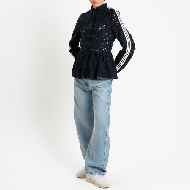 Motel-Giacca mandarin traforata bande laterali con balza - nero/burro