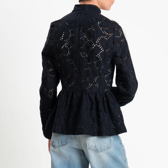 Motel-Giacca mandarin traforata bande laterali con balza - nero/burro