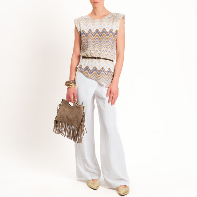 Motel-Blusa smanicata wavy pattern asimmetrica - burro/azzurro/choco