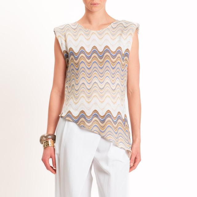 Motel-Blusa smanicata wavy pattern asimmetrica - burro/azzurro/choco