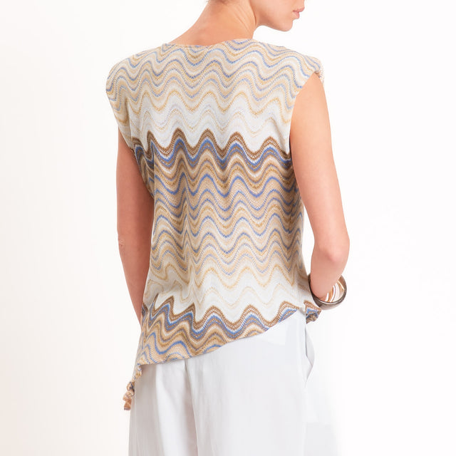 Motel-Blusa smanicata wavy pattern asimmetrica - burro/azzurro/choco