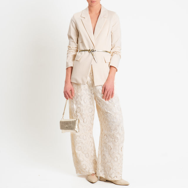 Motel-Pantalone in pizzo macramè con micro pailettes elastico in vita - burro