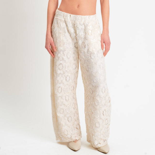 Motel-Pantalone in pizzo macramè con micro pailettes elastico in vita - burro