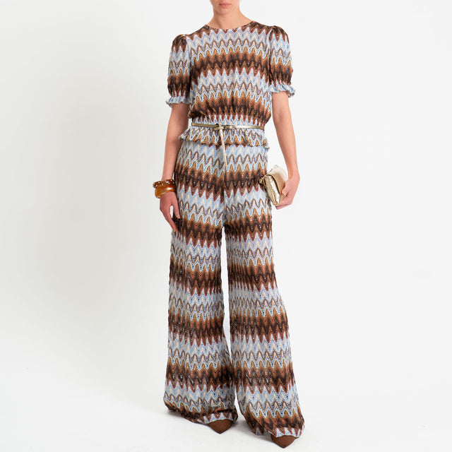 Motel-Pantaloni fantasia wavy pattern elastico - moro/celeste/burro