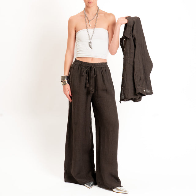 Motel-Pantalone 100% lino elastico con coulisse - choco