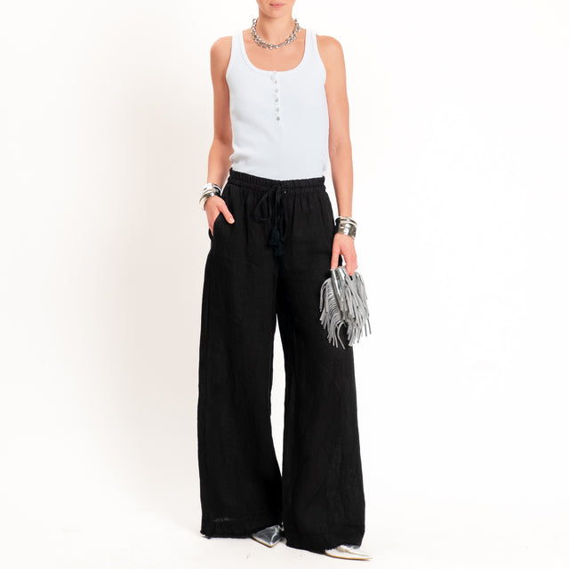 Motel-Pantalone 100% lino elastico con coulisse - nero
