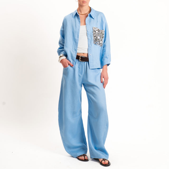 Motel-Camicia 100% lino tasca paillettes - azzurro