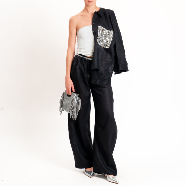 Motel-Pantalone 100 % lino barrel fit - nero