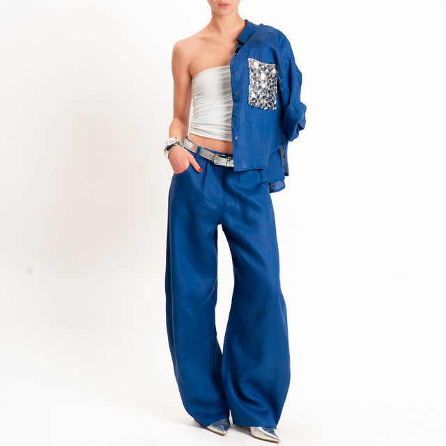 Motel-Pantalone 100 % lino barrel fit - indaco