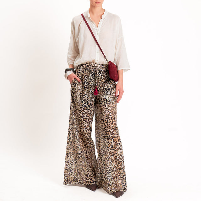 Motel-Pantalone mussola animalier con coulisse - beige/nero