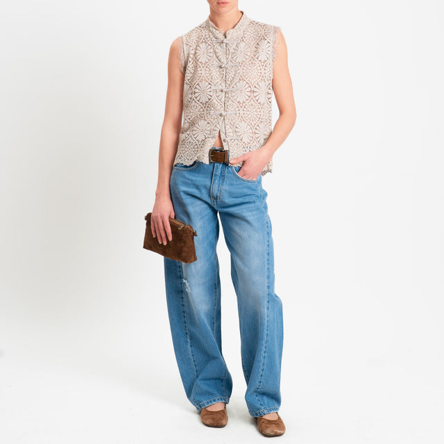 Motel-Camicia mandarin smanicata pizzo macramè - sabbia