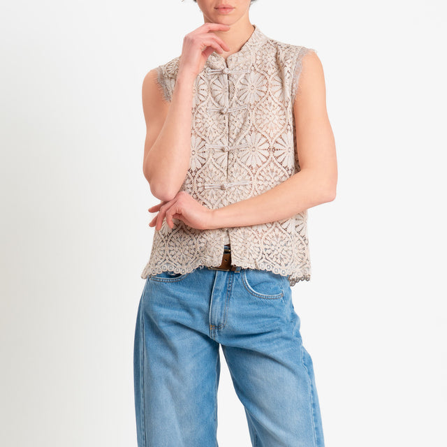 Motel-Camicia mandarin smanicata pizzo macramè - sabbia