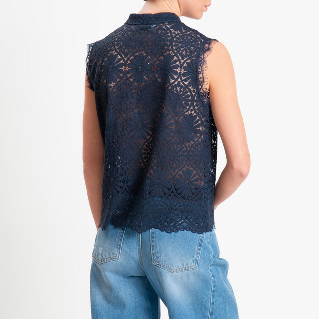 Motel-Camicia mandarin smanicata pizzo macramè - blu