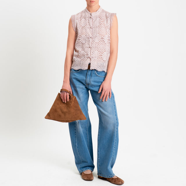 Motel-Camicia mandarin smanicata pizzo macramè - cipria