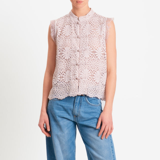 Motel-Camicia mandarin smanicata pizzo macramè - cipria