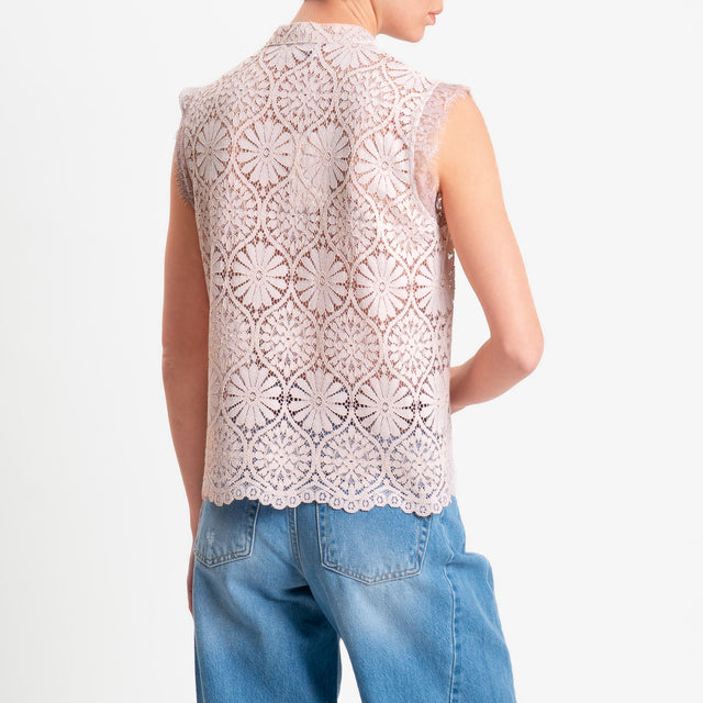 Motel-Camicia mandarin smanicata pizzo macramè - cipria