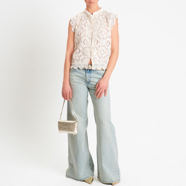 Motel-Camicia mandarin in pizzo macramè smanicata con micro pailettes - burro