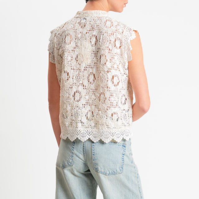 Motel-Camicia mandarin in pizzo macramè smanicata con micro pailettes - burro