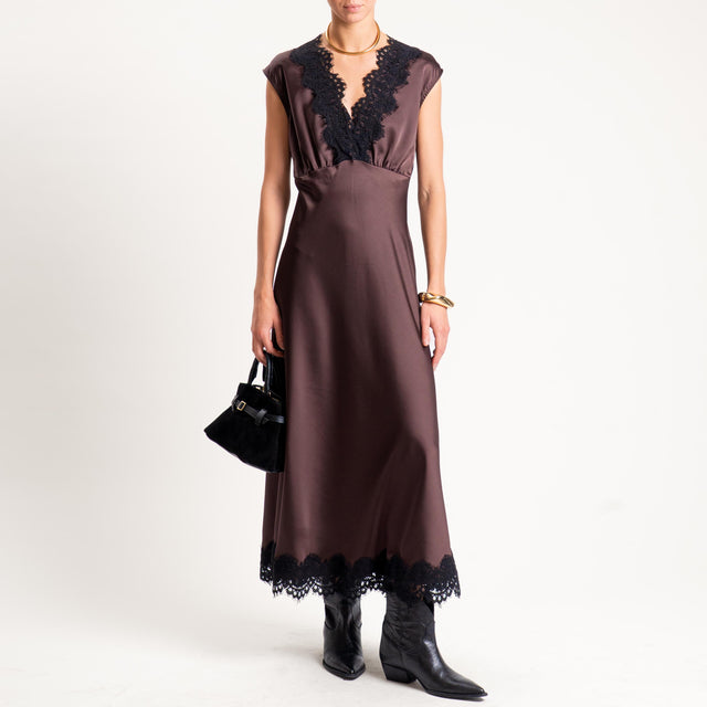 Motel- Abito in satin con pizzo elastico dietro - marrone/nero