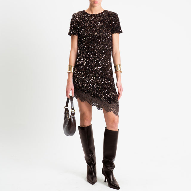 Motel-Abito asimmetrico paillettes+pizzo - moro