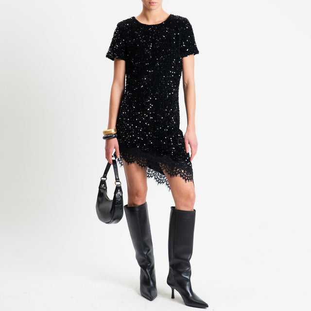 Motel-Abito asimmetrico paillettes+pizzo - Nero