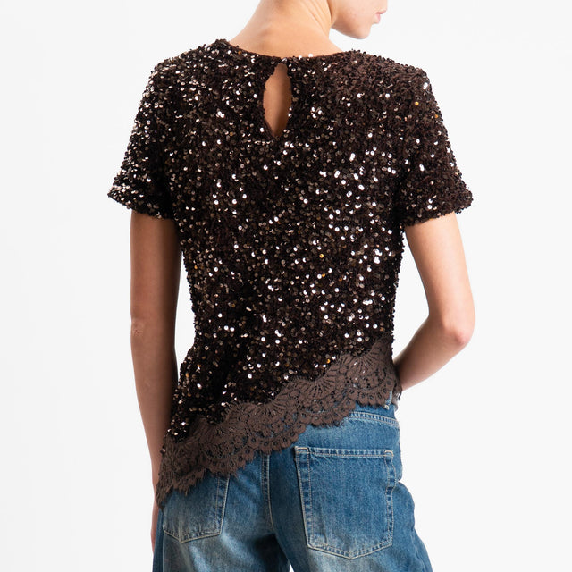 Motel-Blusa asimmetrica paillettes+pizzo - moro