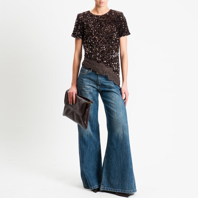 Motel-Blusa asimmetrica paillettes+pizzo - moro